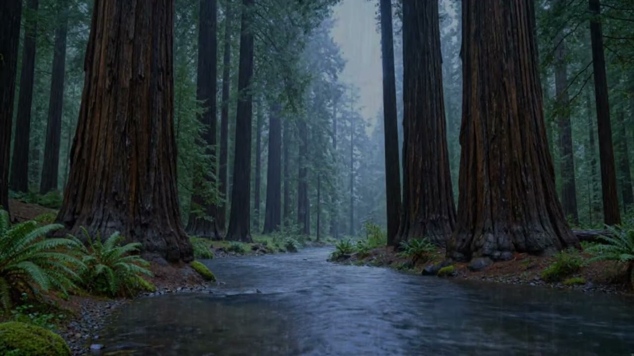 Heavy Rain Sounds for Sleeping – Redwood Forest River & Soft Piano | ASMR
