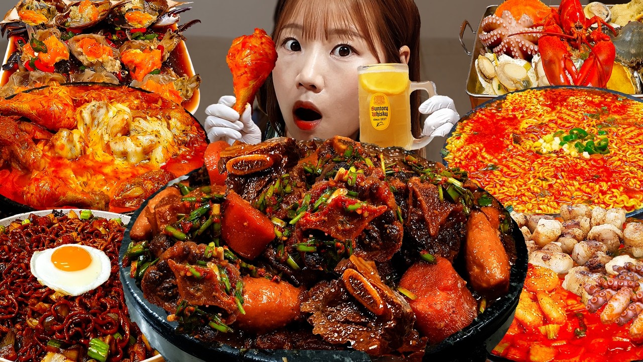 Sub)Real Mukbang- Вкусное видео, которое вас порадует 😋 Острый рамен, курица, морепродукты, краб🔥