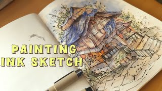 Loose urban sketching in Ink and Watercolour ✨ Painting Process 