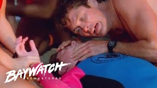 KID SURFER GETS IN TROUBLE! Lifeguard Mitch Dives In To Rescue Him! Baywatch Remastered