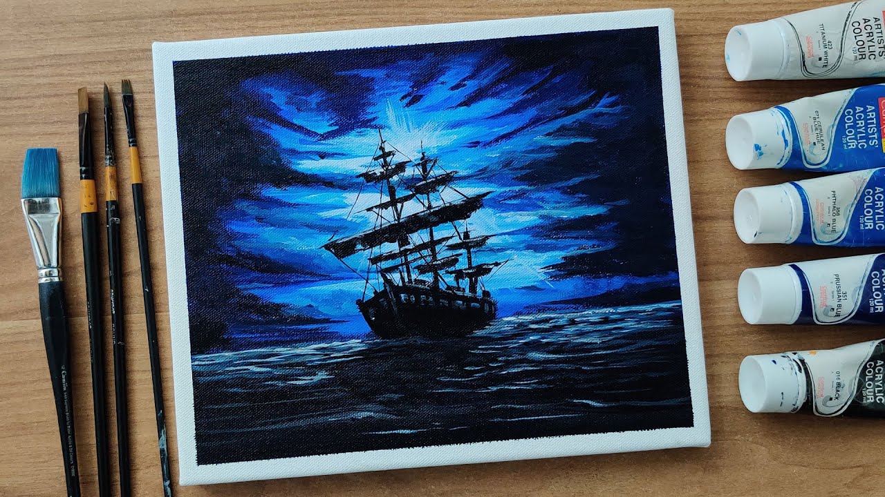 Monochrome #11, Acrylic Painting Of Pirate Ship, Dramatic Clouds