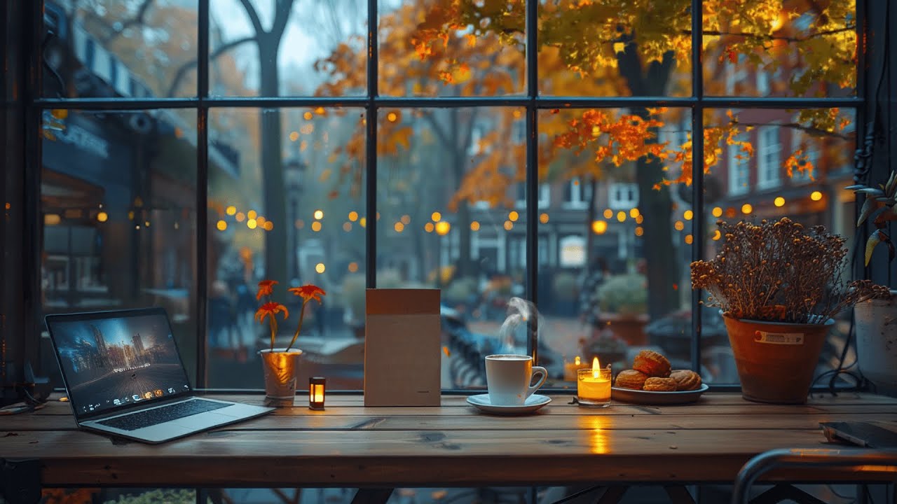 Cozy Up Morning Autumn Cafe Ambience ☕️🍂 Smooth Piano Background Music ...