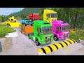 Double flatbed trailer truck vs speedbumps train vs cars  tractor vs train beamngdrive 064