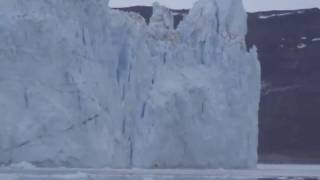 Calvings at Eqi Glacier, plus art sketch, during 3 hours visit. Greenland, Ilulissat