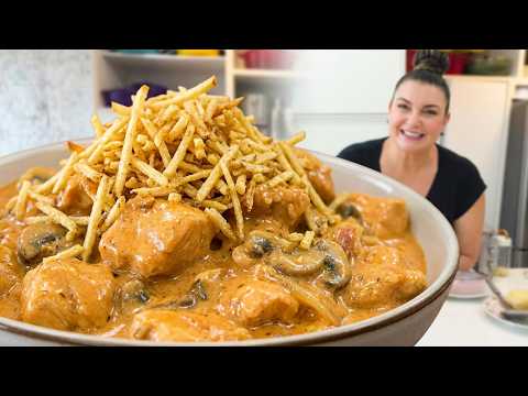Simple creamy stroganoff with homemade potato sticks - it won't get rubbery when you make it this...
