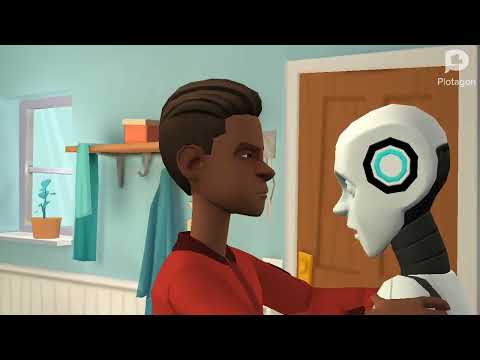 Mickey demands a beer from android male/slaps and pushes him/grounded