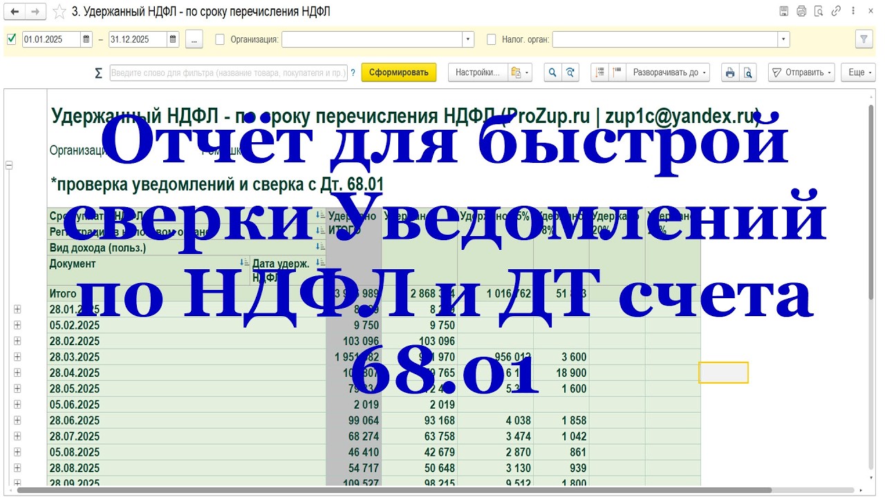 Отчёт для быстрой сверки Уведомлений по НДФЛ и ДТ счета 68.01