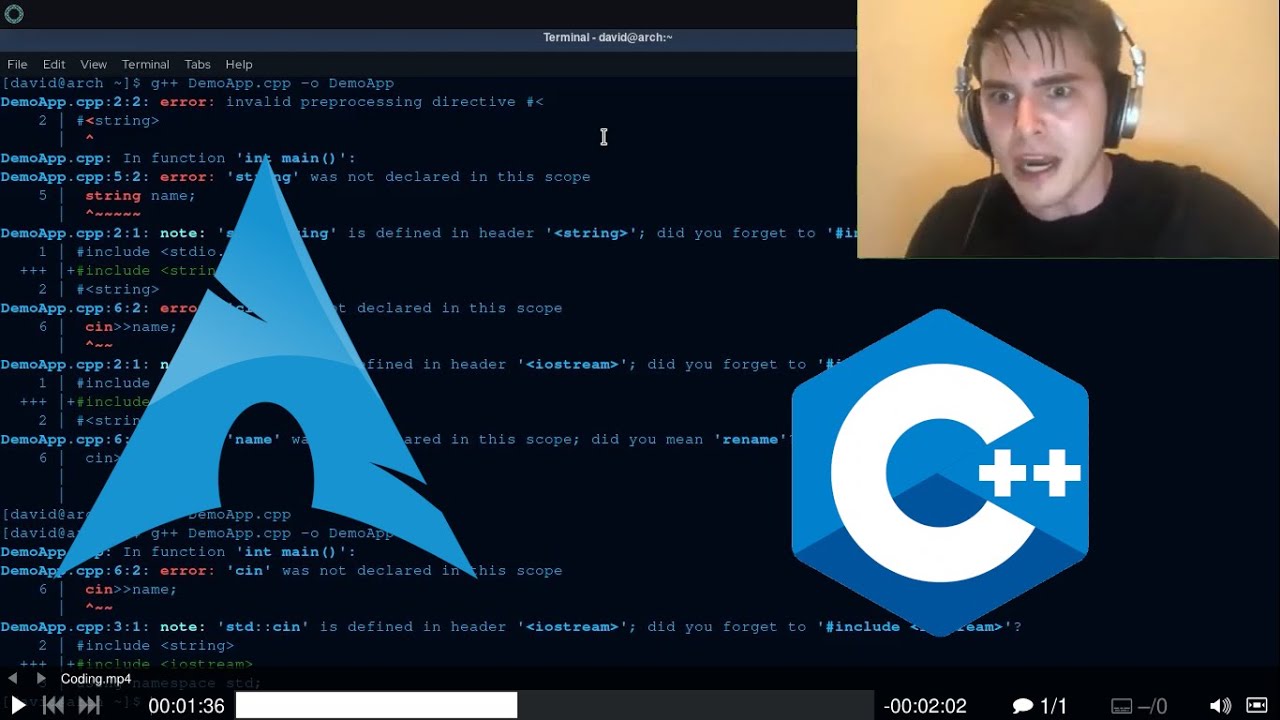 15-Year-Old Arch Linux user coding C++ - YouTube