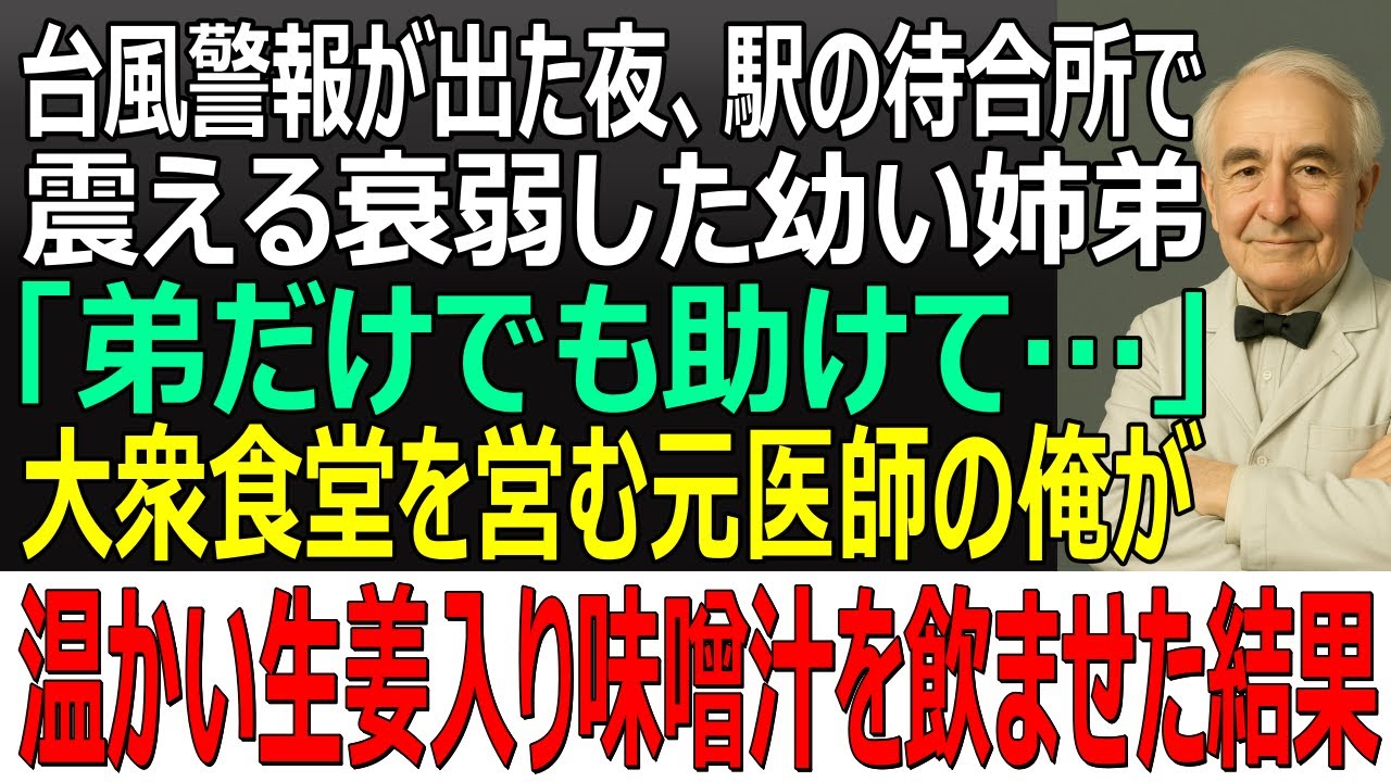 【感動する話】台風警報が出た夜、駅の待合所で震える衰弱した幼い姉弟「弟だけでも助けて…」→大衆食堂を営む元医師の俺が温かいショウガ入り味噌汁を飲ませた結果【スカッと・朗読・泣ける話・いい話】