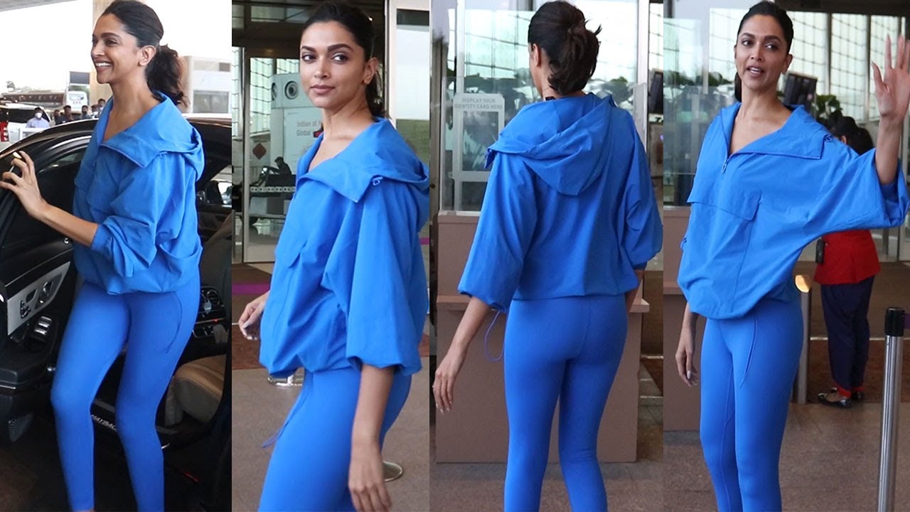 Deepika Padukone In Blue Track Suit With High Heels Arrive @ Mumbai Airport  Snapped By Media