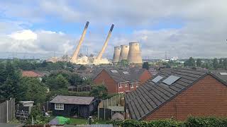 Ferrybridge powerstation chimney blow down - Boiler house demolition. Slow motion.