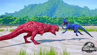 Three Head Indoraptor vs. Carnage Carnotaurus, Captain America Giganotosaurus Dinosaurs Fight in JWE