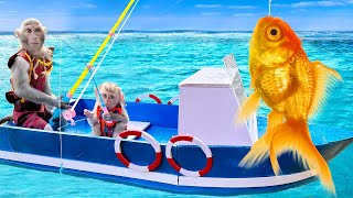 Monkey Baby Bim Bim Goes Fishing On A Boat And Eats Kinder Joy Eggs With Puppy