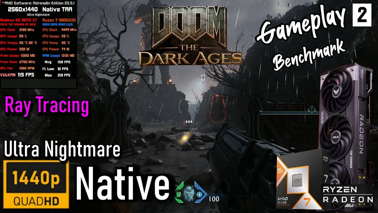 9070 XT 🖥️ 9800X3D 🎮 DOOM The Dark Ages @ 1440p Native TAA +