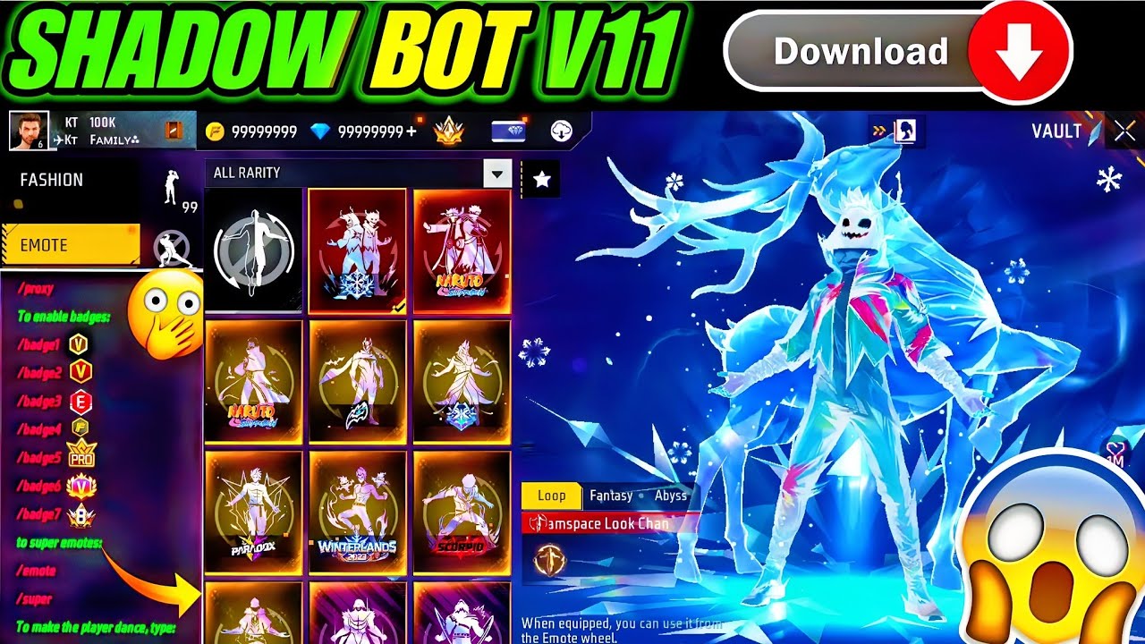 SHADOW BOT V11 TEST — ALL EMOTES & BADGES REAL OR FAKE? Full Free Fire ...