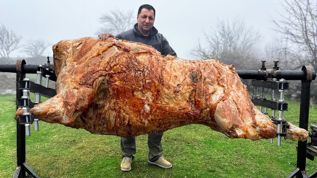 ⁣Roasting a Huge Bull on a Steel Spit! The Best Meat I've Tasted