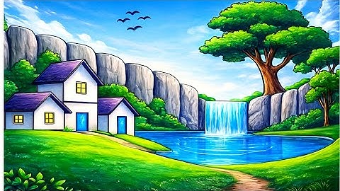 How to Draw Nature Scenery of Waterfall || Easy Waterfall Sunset Scenery drawing🍃