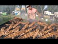 Italy Street Food. Huge Grills of Ribs, Meatballs, Mushrooms Stuffed with Meat