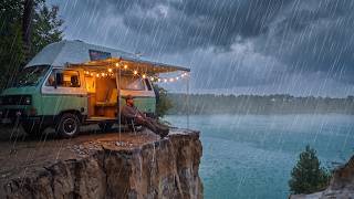 Solo Camping on a Cliff Over Flooded Quarry | Old Camper | Sounds of Camping | ASMR