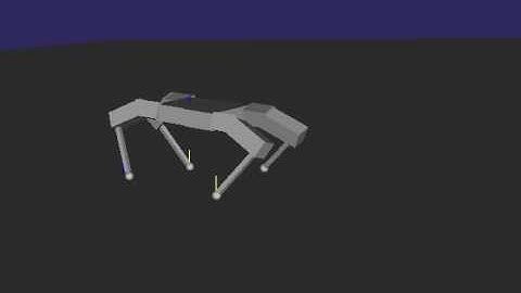 Quadruped trotting uphill (contact points & normals visualized)