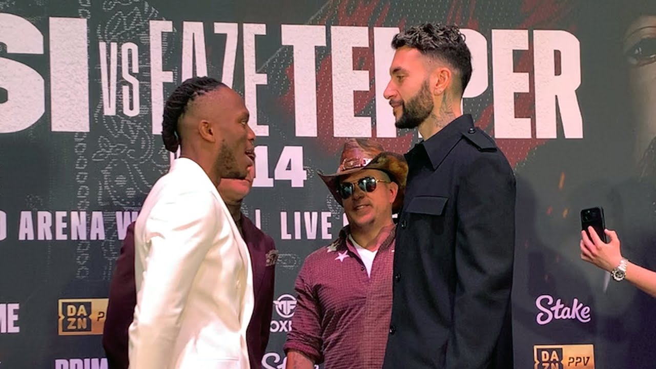 FAZE TEMPERRR TOWERS OVER KSI AT FINAL PRESS CONFERENCE FACE OFF