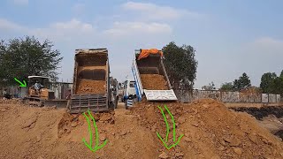 Dump Truck Unloading Stone Soil And Bulldozer Pushing  EP358
