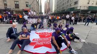 Chipotle workers striking for higher wages and better schedules in Midtown Manhattan.