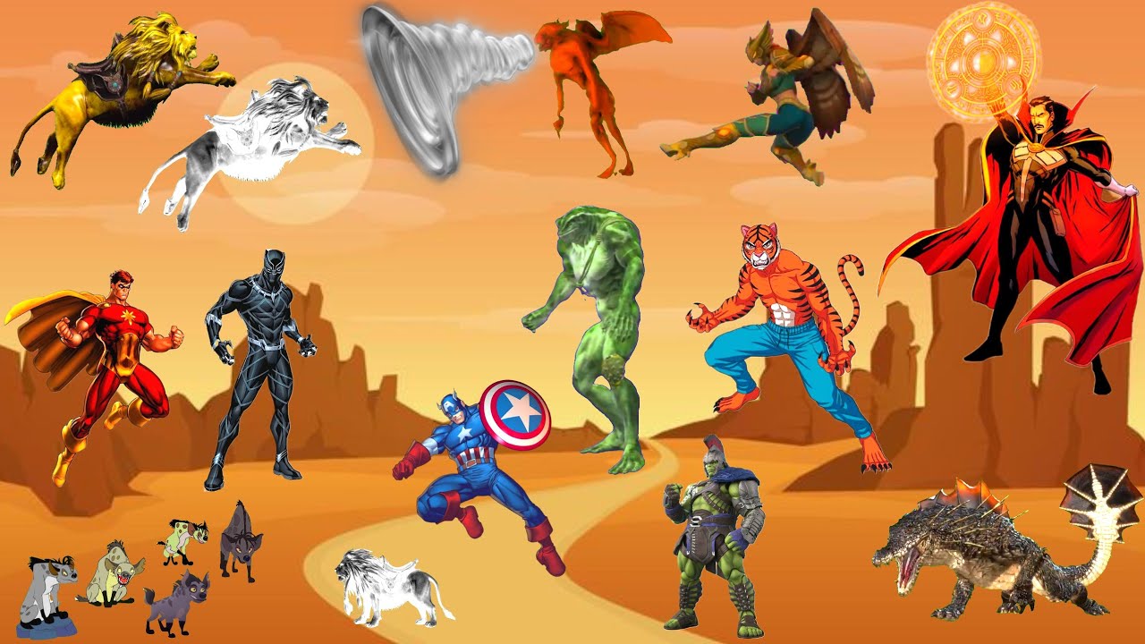 سيمبا مع النمر الاسود البطل الخارق و هالك و حيوانات الغابة المتحولة و كابتن امريكا وحش البخار والاسد