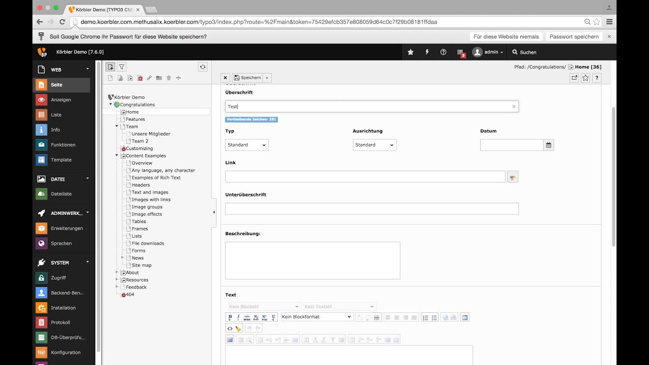 TYPO3 - Neuen Inhalt anlegen - YouTube