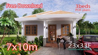 Plan 3D Exterior Home Plan 7x10 Meter Full Plan 3Beds 2 Baths Hip Roof