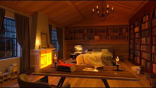 Library Room Ambience with Heavy Rain and Crackling Fireplace Sounds for Sleep, Study and Relax