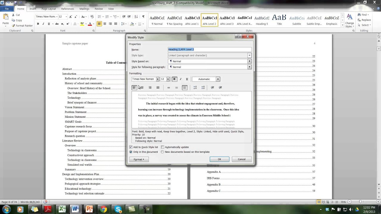 Apa style table of contents format