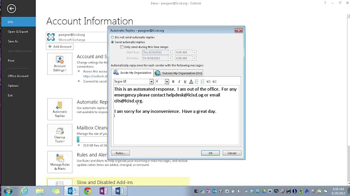 Outlook 2013:  Setting Up Automatic "Out of Office" Replies