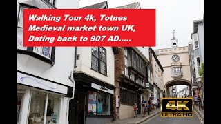 Walking tour 4K, Totnes dating back to 907 AD, Medieval Market town, Devon UK. Autumn Sunday.