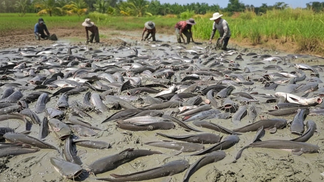 Traditional Village Life: Harvesting Giant Catfish in the Mud
