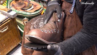 : Process of Making Hiking Boots by Professional Mountaineer. Korean Shoemaker