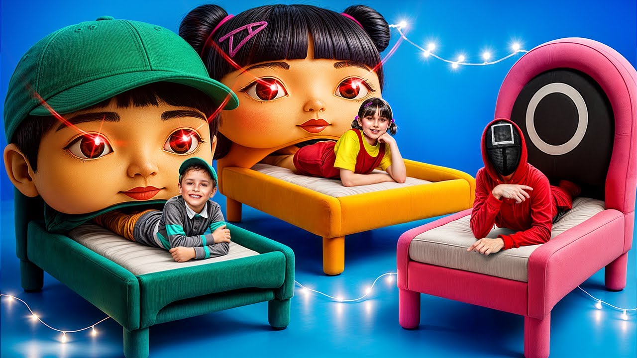 ¡Mamá Muñeca del Juego del Calamar a construir una cama GIGANTE para el niño del Juego del Calamar!