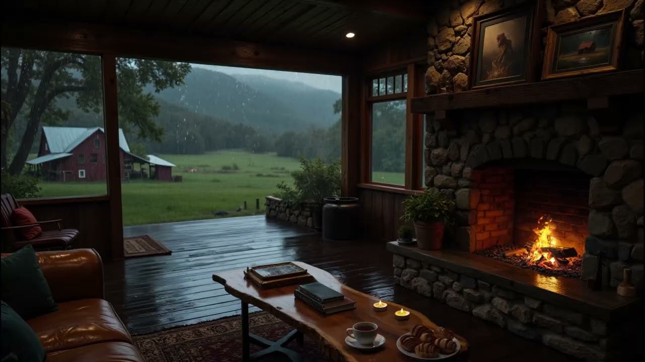 Relaxing Porch Rain At Forest Ambience 🌧️ Gentle Rain Sounds & Fireplace Crackling for Sleeping