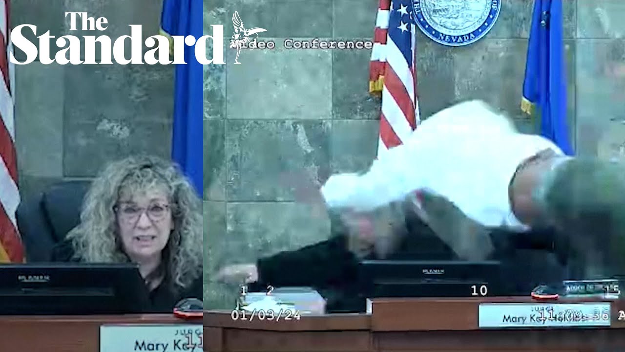 Dramatic moment defendant leaps at Nevada judge to attack her during sentencing in Vegas courtroom