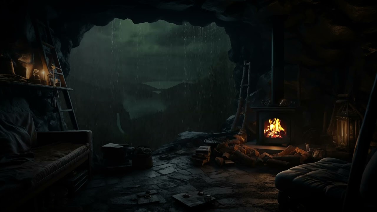 Shelter in Cozy Cave | Fire Sounds and Soothing Rain Falling outside help to Relaxing