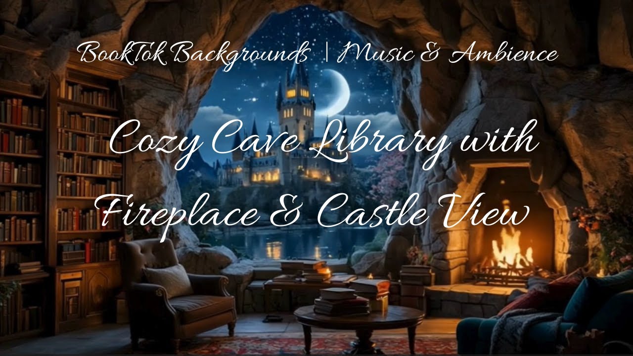 📚 Cozy Cave Library with Fireplace & Castle View | 1 Hour Fantasy Ambience for Reading & Relaxing