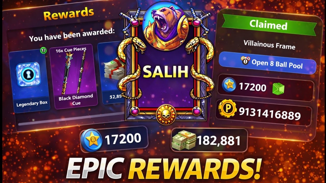 8 Ball Pool - Black Diamond Cue Max Level - 17200 Loyalty Points - Claimed Villainous Frame 