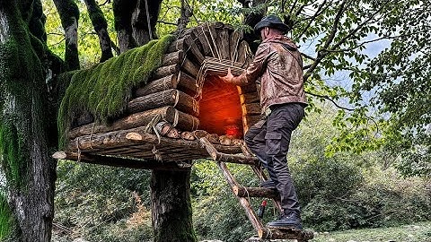 THE Hanging Treehouse Shelter – Built Only from Logs & Rope#trending 