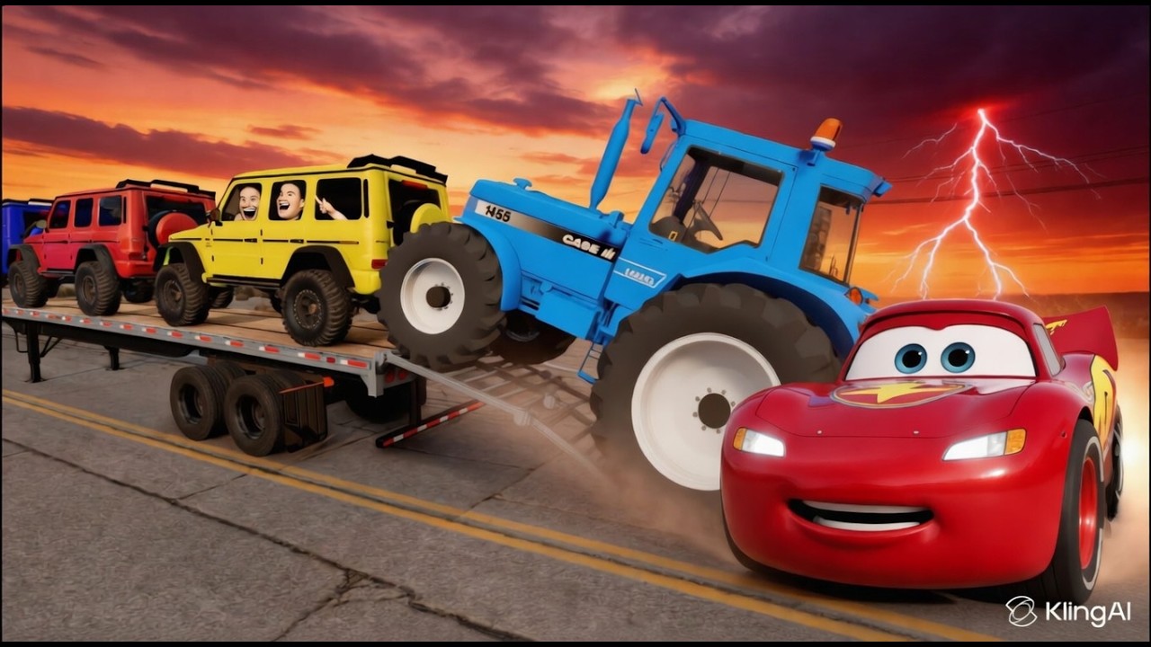 TRANSPORTING PIXAR CARS & FRUITS WITH COLORED & JOHN DEERE vs CLAAS vs TRACTORS - BeamNG.drive