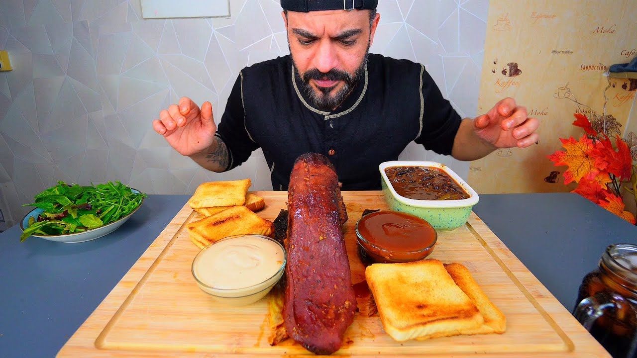 لسان ثور عملاق مشوي ومدخن لعدة ساعات Smoked Beef Tongue Mukbang Eating Show