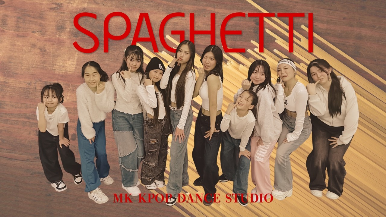MK KPOP DANCE STUDIO dancers performing LE SSERAFIM's SPAGHETTI choreography