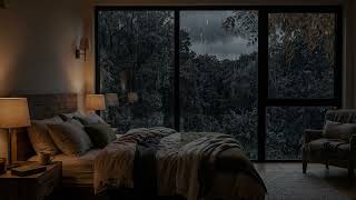 Silver Rain Threads Falling Through Forest Mist Outside A Calm Bedroom Window