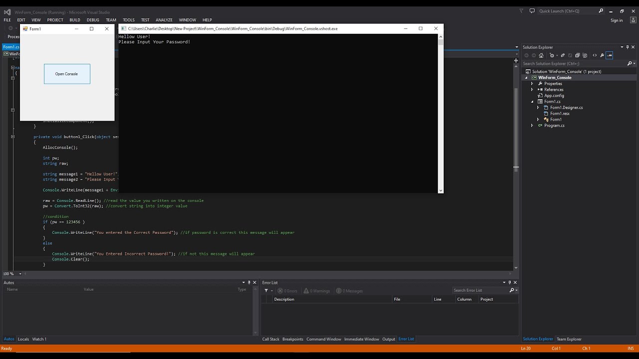 Visual Studio C Opening Console On Windows Form Project Youtube