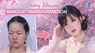 Full Soft Cherry Blossom Makeup Transformation 🌸 | Asian Doll Makeup Tutorial Guide