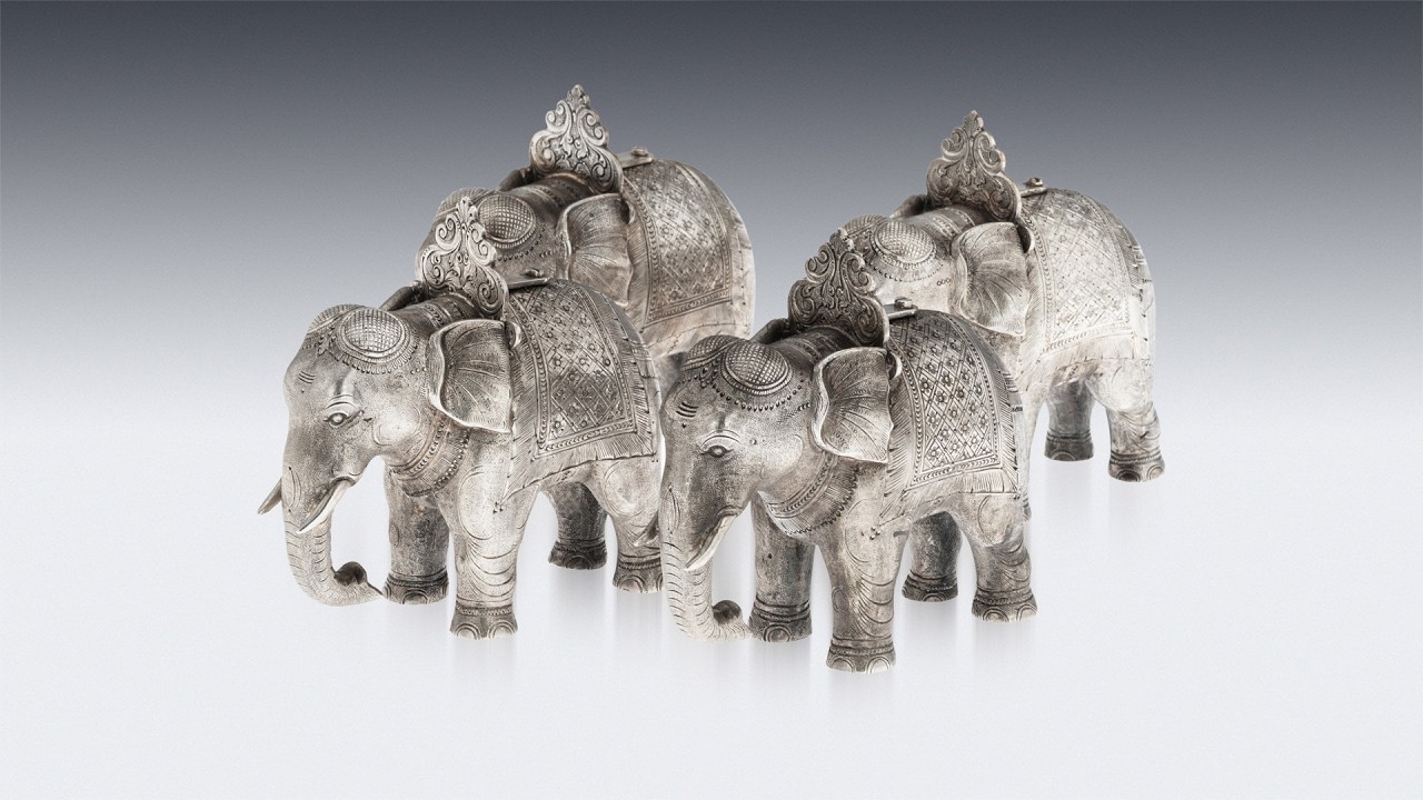 ANTIQUE 20thC INDIAN SOLID SILVER SET OF FOUR MENU HOLDERS, HAMILTON & CO c.1900